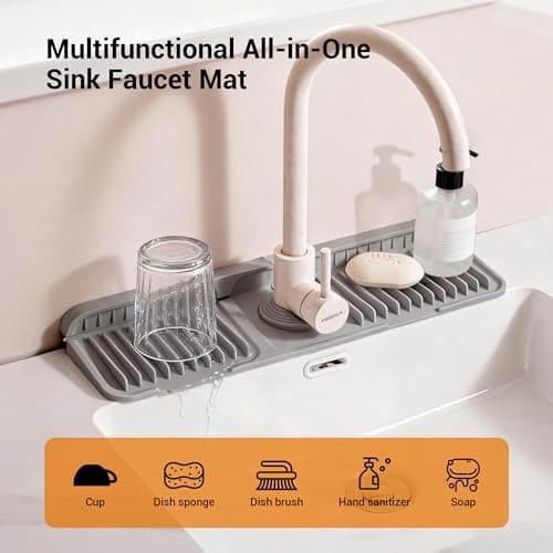 ZJWZLG Faucet Mat for Kitchen Sink, 17.7"X5.5" Silicone Sink Splash Guard with Soap Holder, Snap-On Design & 7°slope Fast Drain, Folding Sink Faucet Mat for Universal Kitchen Bathroom Sink（Grey） - Thumbnail 2