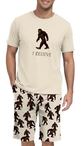 PrinStory Men's I Believe Pajama Set, Bigfoot Graphic Tee and Printed Shorts, Novelty Sleepwear Loungewear Set for Home, Sasquatch Gift, Cream XL - Thumbnail 4