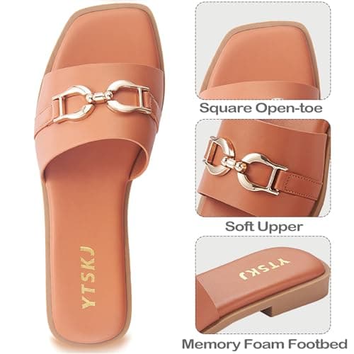 YTSKJ Sandals for Women 2026 Square Open Toe Fashion Slides Women Dressy Summer Flat Beach Cute Ladies Faux Leather Casual Shoes with Golden Chain Brown Size 6 - Thumbnail 4