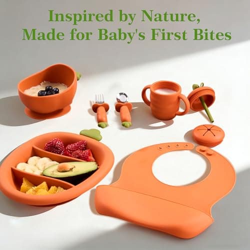 COZY ROCK Silicone Baby Feeding Set, Carrot Design BLW Toddler Feeding Set with Suction Plate & Bowl, Bib, Fork & Spoon, 2-in-1 Straw and Snack Cup, BPA-Free Baby Tableware for Starting Solids - Thumbnail 2