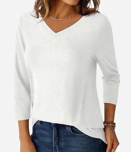 GKBK Womens Tops 3/4 Sleeve Shirts V Neck Casual Blouses Basic Loose Fit Pullover Tshirts White XL - Thumbnail 5