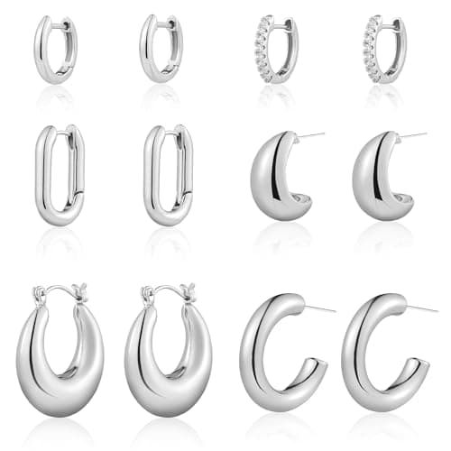 ALLHOLA Hoop Earrings for Women Trendy, 6 Pairs 14k Gold Plated Huggie Hoops Earrings Set Hypoallergenic, Lightweight Chunky Twisted Hoop Earrings for Women Trendy Jewelry Gifts. (A-silver hoops)