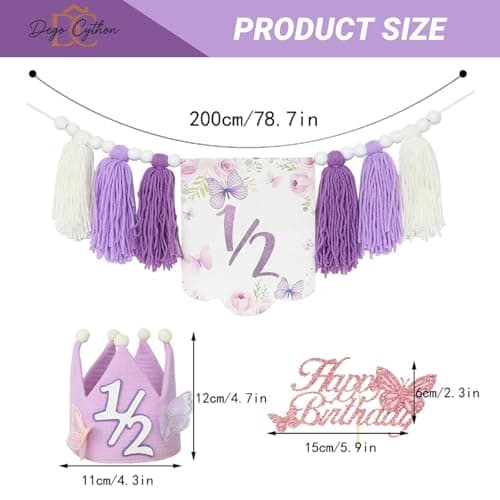 Purple Handmade Half Birthday Decorations, 6 Month Party Set with High Chair Banner, Hat & Cake Topper, Half Way to One Baby Girl Decorations Party for 1/2 Birthday Girl Photoshoot Props - Thumbnail 2