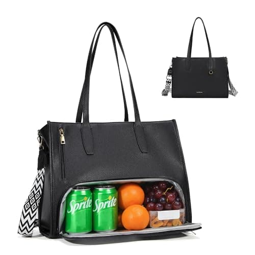 buyborgood Women’s Large leather Work Tote Bag with 14" Laptop Compartment Insulated Lunch Box, Black - Image 1