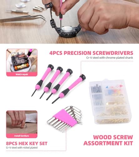 URASISTO Pink Household Tool Set with 3.6V USB Electric Screwdriver, 136 PCS Home Tool Kit with Cordless Lithium-ion Drill Driver, Hand Tool Kits for Women - Thumbnail 6