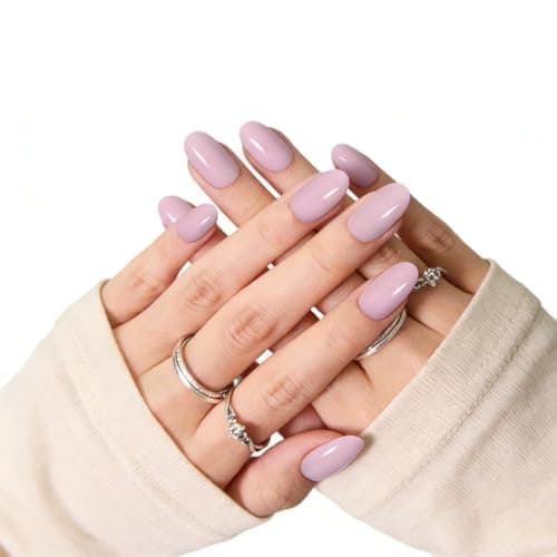 Pink Press On Nails Almond, Medium Nails Press Ons With Nail Glue,30-Piece-15 Sizes Durable Reusable Glue On Nails for Women Gift(pinkish purple) - Thumbnail 3