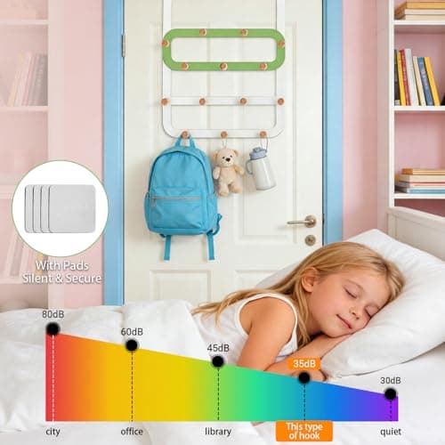 Dycoony Over The Door Hooks for Kids Backpacks - 21.5" Extra Long Door Hanger Low Reach, 14 Wooden Ball Coat Rack for Nursery Bedroom Bathroom, White & Green Purse Bag Towel Holder Organizer - Thumbnail 4