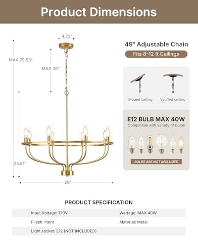 Yunnix 8 Light Gold Chandeliers for Dining Room, Gold Dining Room Chandelier with Extension Chain, UL Listed, Gold Modern Farmhouse Chandelier for Bedroom, Kitchen, Entryway, Foyer Light Fixture - Thumbnail 5