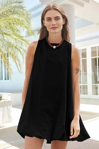 COCOMARTS Dress for Women Summer Casual Linen Mini Dresses Sleeveless Crew Neck Bubble Keyhole Tie Back Vacation Sundress Black Small - Thumbnail 2