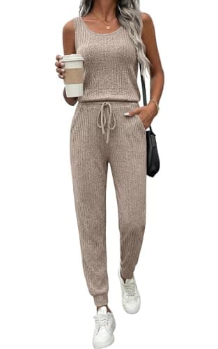 Ekouaer Jumpsuits for Women Casual Summer Sleeveless 2026 Ribbed One Piece Romper Dressy Vacation Clothes Travel Outfits Khaki XL