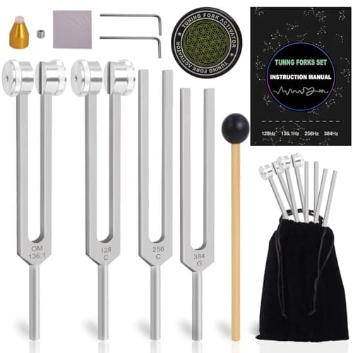 Tuning Forks for Healing Set – 128Hz 136.1Hz 256Hz 384Hz Weighted & Unweighted Sound Healing Tuning Forks for Chakra Balancing, Meditation, Yoga & Relaxation with Activator, Gem Feet & Storage Pouch
