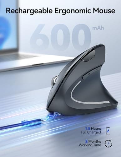 TECKNET Ergonomic Mouse, Rechargeable Vertical Ergo Mouse Wireless 800-4800 Levels 5 Adjustable DPI, Silent 2.4GHz Optical Carpal Tunnel Mouse for Right Hand, USB Wireless Mice for Laptop, PC - Thumbnail 3