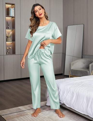 Ekouaer Womens Satin Silky Pajama Set Short Sleeve Shirt with Long Pajama Pant Set Soft PJ Loungewear Aqua Green - Thumbnail 4