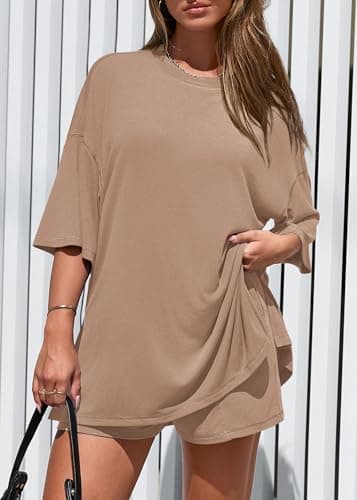 KIRUNDO 2 Piece Sets for Women Summer Lounge Sets Casual Oversized Tshirts Shorts Matching Airport Travel Outfits Postpartum(Khaki, X-Large) - Thumbnail 3