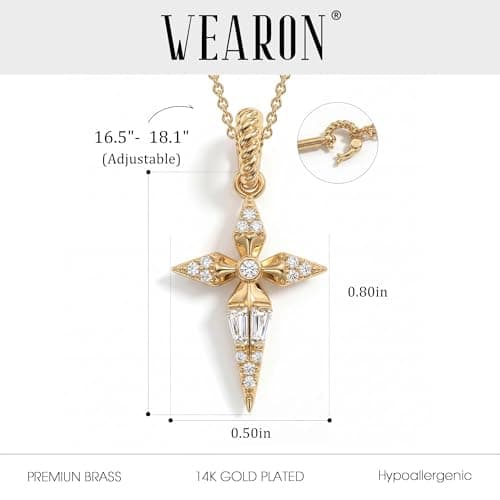 WEARON Cross Necklace for Women, Dainty 14K Gold Plated CZ Cross Pendant, 18inch Adjustable Chain, Non Tarnish Christian Faith Jewelry Gift for Wife Mother Friends - Thumbnail 4