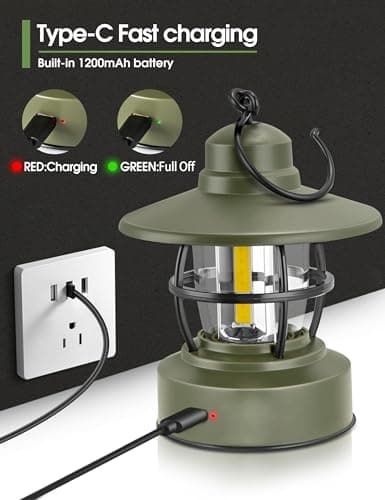 Camping Lantern Rechargeable Battery Powered 【2 Pack】, Camping Gear Must Haves, Camping Accessories, Retro Camping Light Waterproof Hanging LED Tent Lamp for Outdoor Hiking Fishing (Dark Green) - Thumbnail 3