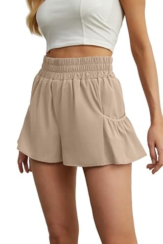FREEOAK Womens Running Shorts with Liner High Waist Quick Dry Gym Workout Sports Tennis Ruffle Skirts Shorts with Pockets Khaki - Image 1