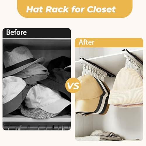 2 Pack No-Drill Wall-Mounted Baseball Hat Organizer, Hat Storage Rack Holds Up to 20 Caps, Hat Holder with 10 Damage-Free Clips & Metal Slide Rails, Modern Hat Rack for Closet, Bedroom & Entryway - Thumbnail 6