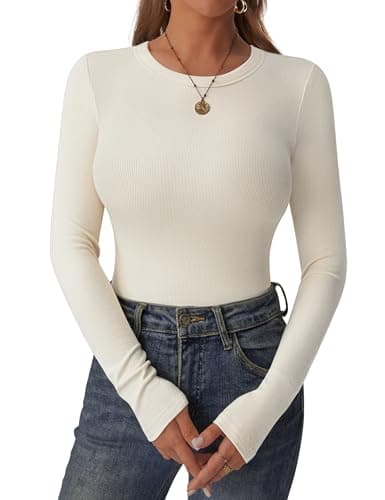 C.O.Z.Y Womens Long Sleeve Shirts Ribbed Crewneck Slim Fit Tops Casual Layering Basic Tee T-Shirt Trendy Outfits Apricot - Image 1