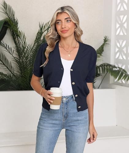 COSSEN Cardigan for Women Trendy Dressy Navy Blue Medium V Neck Bolero Crop Coat Crochet Button Down Short Sleeve Short Tops Open Front Lightweight Jacket Summer Knit Cropped Shrug for Dress - Thumbnail 5