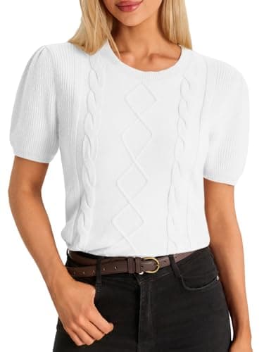 Cicy Bell Womens Puff Short Sleeve Sweater Tops Cable Knit Crew Neck 2026 Spring Shirts Lightweight Dressy Casual Sweaters White - Image 1