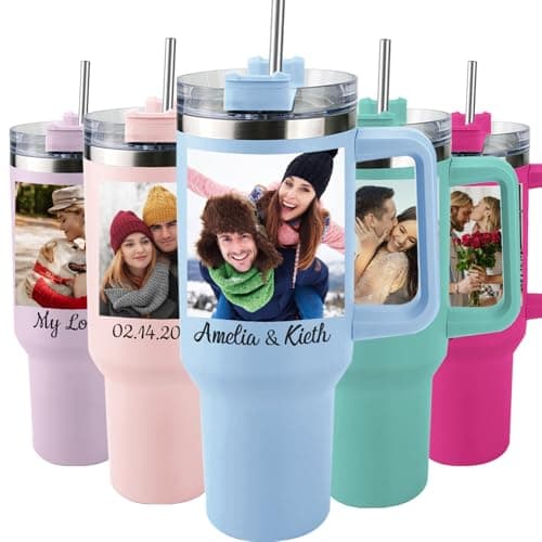 Elemtansy Ships Next Day Custom 40oz Tumbler with Picture&Name, Personalized Tumbler with Handle, Personalized Gifts for Women Men Birthday Anniversary Christmas Wedding Gifts