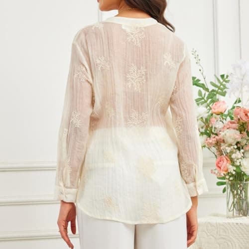 Women Roll Up V Neck Button Down Shirt Tunic Ladies Cotton See Through Embroideried Lightweight Boho Sheer Ivory Cream Off White Light Beige Ecru Elegant Shirts X-Large XL for Beach Holiday Vocation - Thumbnail 3