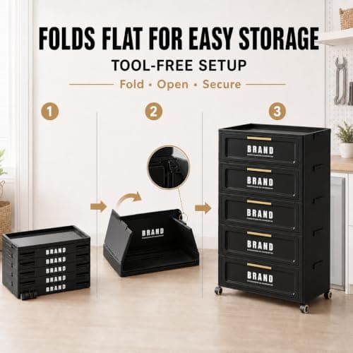 300QT 5-Tier Foldable Storage Cabinet with Magnetic Door & Wheels, Dorm Room Stackable Organizer, Space-Saving Unit for Apartment, Living Room, Pantry, Office (Black) - Thumbnail 6