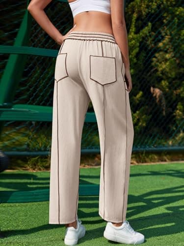 grewley Womens Linen Barrel Pants Baggy Wide Leg Pants Summer Palazzo Drawstring Waist Pants with Pockets Casual Apricot L - Thumbnail 3