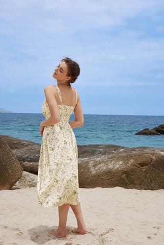 Summer Dress for Women 2026 Floral Milkmaid Sundress Midi Corset Dress Beige Green Floral L - Thumbnail 5