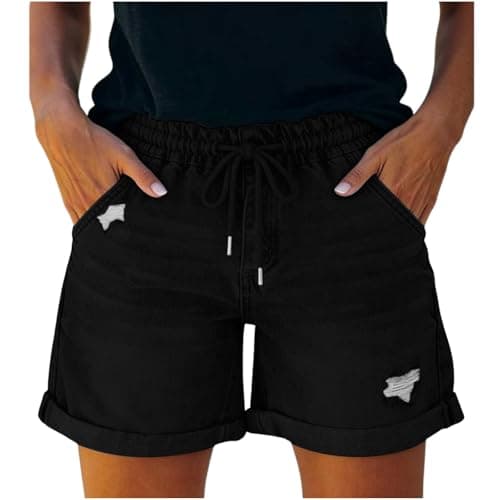 Womens High Waisted Jean Shorts, Stretchy Baggy Ripped Roll Up Hem Women's Denim Shorts with Drawstring and Pockets, Distressed Casual Summer Short for Women Black XXL - Image 1