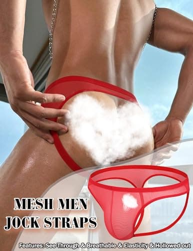 Avidlove Jock Straps for Men Sexy Thong Underwear Mesh Male Lingerie Breathable Athletic Supporter Red Small - Thumbnail 4