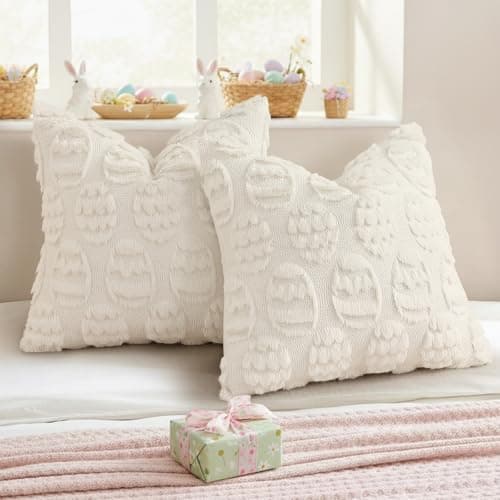 decorUhome Cream White Faux Fur Egg Throw Pillow Covers 18x18 Set of 2 - Thumbnail 5
