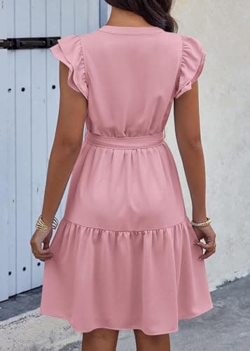 KIRUNDO Summer Dresses for Women 2026 Spring Flutter Sleeve V Neck Ruffle Flowy Tiered Knee Length Beach Vacation Sundress(Pink, XX-Large) - Thumbnail 2