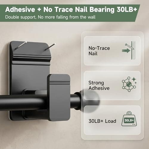 EKOTTOK No Drill Curtain Rod Brackets for 5/8" Rod, Heavy Duty 30LB+, Adhesive & Invisible Nail Curtain Rod Holders, Damage-Free Wall Mount Hooks for Bathroom, Kitchen, Bedroom (8PC, Black) - Thumbnail 5
