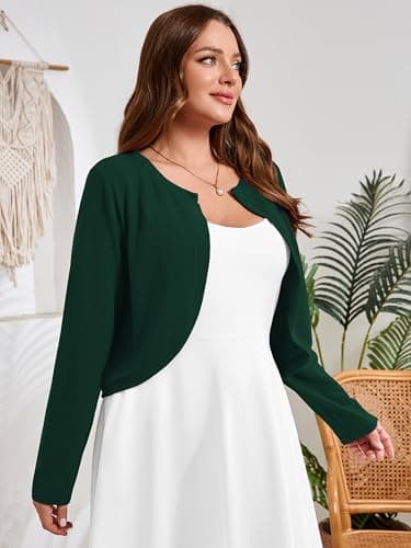 AusLook Plus Size Women Shrugs Long Sleeve Deep Forest 5X Open Front Cardigan Knit Lightweight Coat Cropped Bolero Tops Shawls and Wraps Dressy Sweater - Thumbnail 4