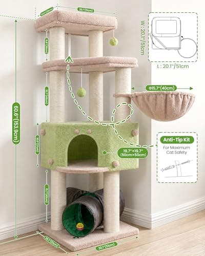 Cat Tree Tower for Large Cats Adult - 60 Inch XXL Sturdy Heavy Duty Extra Wide Scratching Posts (φ4.4in) Condo - Indoor Big Cat House Hammock Perch - XL Wood Multi Level Feline Pet Bed Trees Houses - Thumbnail 6
