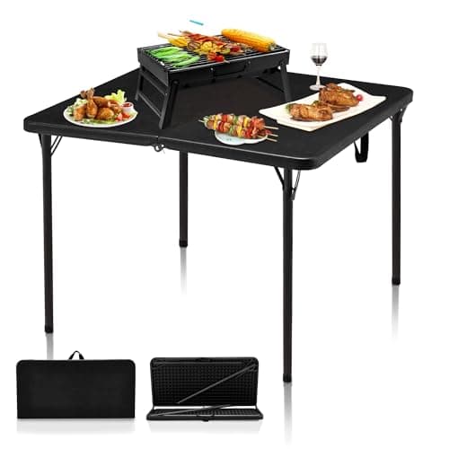 Outspurge 34" Folding Table, Portable Square Camping Card Table with Collapsible Legs & Carrying Handle, Plastic Tables for Outdoor Cooking,Camping,Picnic, Office, Party,Black