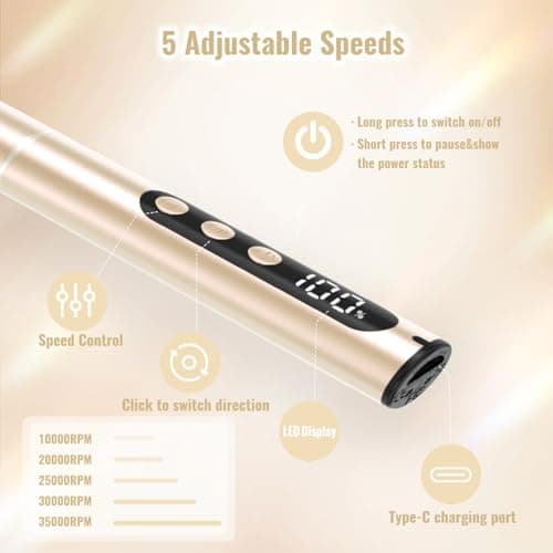 Denabuty Electric Nail Drill Cordless, 35000RPM Portable Electric Nail File with LCD Display and 12 Nail Drill Bits for Acrylic & Gel Nails, Professional Manicure & Pedicure Kit Set Golden - Thumbnail 5