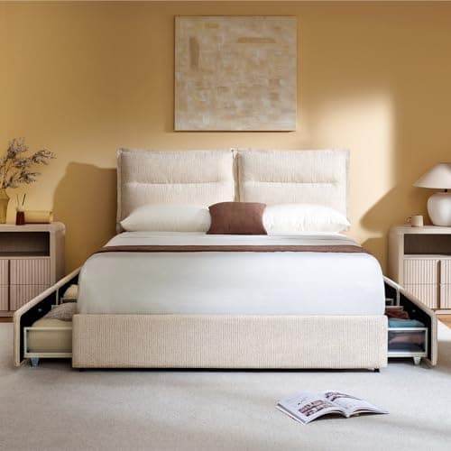 ModernMate Queen Bed Frame with 4 Storage Drawers, Upholstered Bed Frame with Adjustable Headboard, Dual Cushions Design, OEKO-TEX Fabric, Noise-Free, Wooden Slats Support, No Box Spring Needed, Beige - Image 1