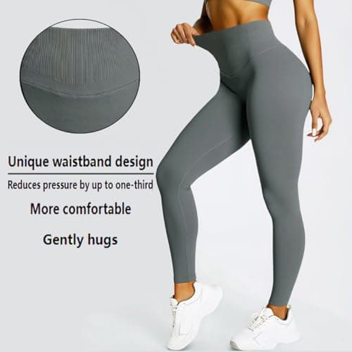 BaseTry Womens Yoga Pants Seamless Mid High Waisted Tummy Control Butt Lifting Workout Leggings for Women Running (US, Alpha, Large, Regular, Regular, Grey) - Thumbnail 4