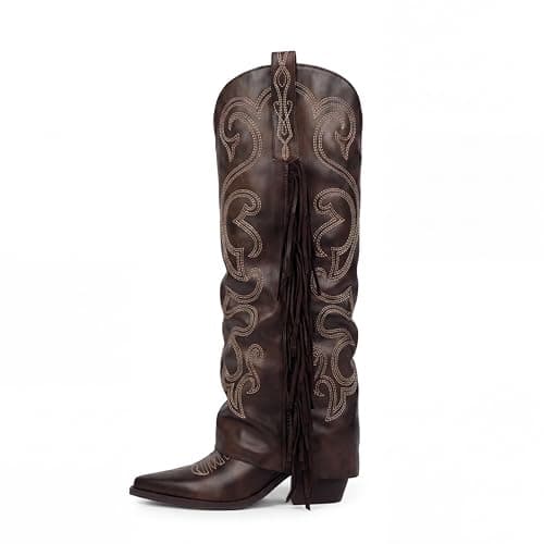 QIY Womens Retro Brown Boots Knee High Cowboy Boots for Women Cowgirl Fold Over Wide Calf Cowboy Boot for Women Fringe Western Embroidered Pointed Toe Chunky Heel with Tassels Tall Boot Size 6.5 - Image 1