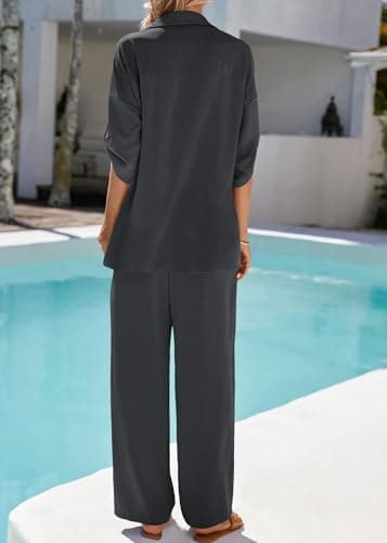 KIRUNDO Two Piece Sets for Women Spring Outfits 2026 Summer Fall Dressy Casual Button Down Shirt Wide Leg Pants Lounge Set(Dark Grey, X-Large) - Thumbnail 2