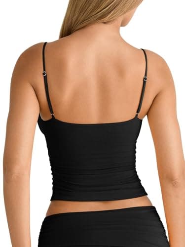 PINKMSTYLE Womens Basic V Neck Tank Top Slim Fit Ruched Cami Tops Double Lined Spaghetti Strap Sleeveless Crop Tops Going Out Clothing Black Large - Thumbnail 6