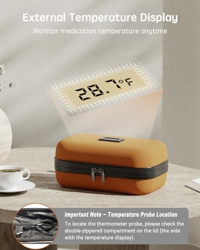 WOODAKE Insulin Cooler Travel Case with Temp Display, 2 x 180g TSA Approved Ice Packs, 9-Layer Insulation for Improved Cooling, Insulin Pen Case, Waterproof, for Daily Use and Trips (Bright Orange) - Thumbnail 2
