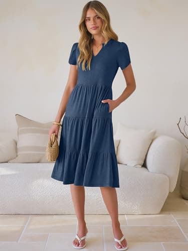 ANRABESS Womens Summer Causal Dresses V Neck Short Sleeve Midi Dress 2026 Flowy Tiered Boho Beach Sundress Vacation Outfits Blue M - Thumbnail 2