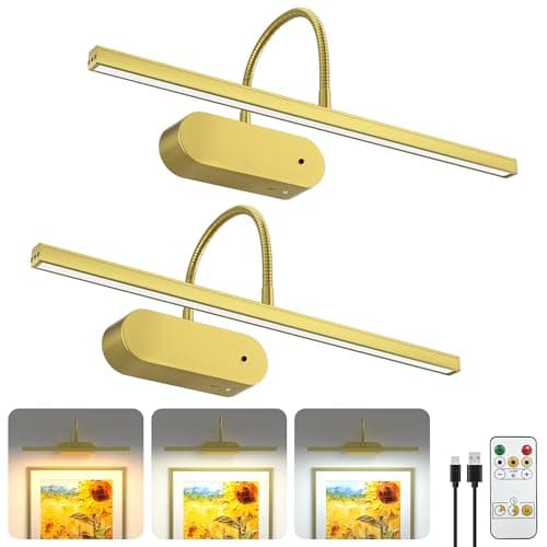 Picture Lights for Wall Battery Operated, Wireless Art Lights for Painting Remote Control, Flexible Gooseneck, 3 Colors & Dimmable Wall Light for Picture, Artwork, Portrait with Timer (Gold, 2 Pack) - Image 1