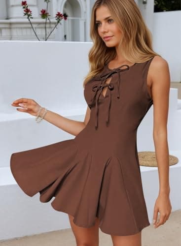Pink Queen Sleeveless Ruffle Knit Mini Dress for Women 2026 Sexy Tie Knot High Waist A Line Cocktail Party Dresses Summer Chocolate Brown S - Thumbnail 4