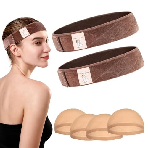 HappClan Wig Grip Bands - Non Slip Adjustable Velvet Grip Band 2Pcs+ Wig Caps 4Pcs for Women, All-Day Comfort Secure Wear Wigs Accessories for Beginners (Medium Brown) - Image 1
