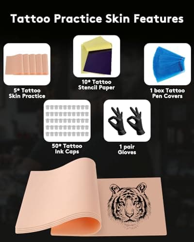 Lady Up Tattoo Practice Skin Kit, Fake Skin Tattoo Practice Set For Beginners, 5pcs Fake Skin 10pcs Transfer Paper 100pcs Tattoo Pen Covers 50pcs Ink Caps and 1 Pair Gloves - Thumbnail 3